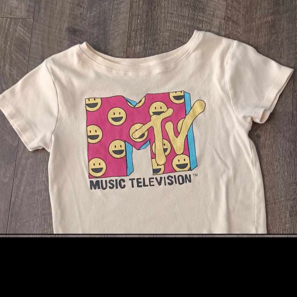 MTV Cream Crop Top with Pink and Yellow Logo